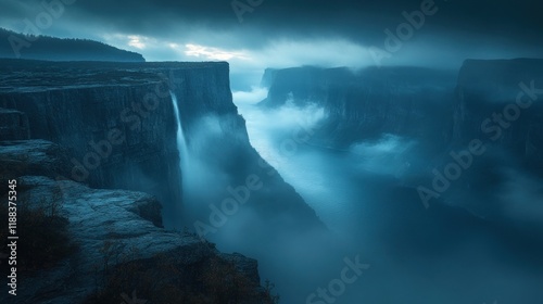 Misty waterfall cascading into foggy canyon at dusk.