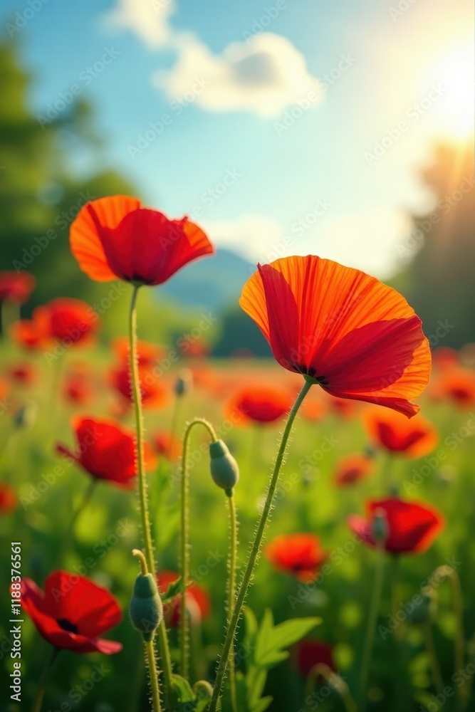 Vibrant red poppies bloom in a sun-drenched summer meadow , botany, outdoor Vibrant red poppies bloom in a sun-drenched summer meadow , botany, outdoor