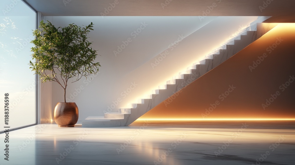 Modern staircase with plant, sunset view, and ambient lighting. Modern staircase with plant, sunset view, and ambient lighting.