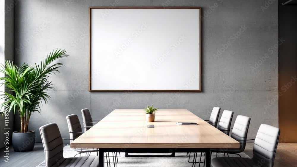Modern minimalist conference room with large blank canvas. Sleek office interior design for business meetings and presentations Modern minimalist conference room with large blank canvas. Sleek office interior design for business meetings and presentations