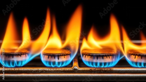 Vibrant flames on a kitchen gas stove.
