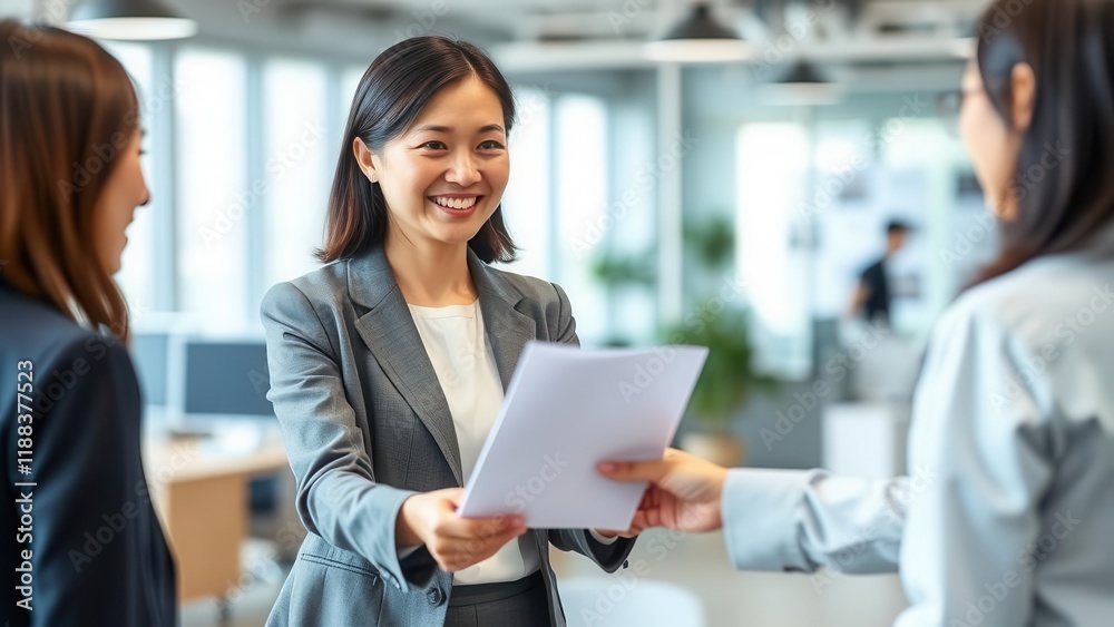 Happy businesswoman handing documents to colleagues in modern office. Happy businesswoman handing documents to colleagues in modern office.