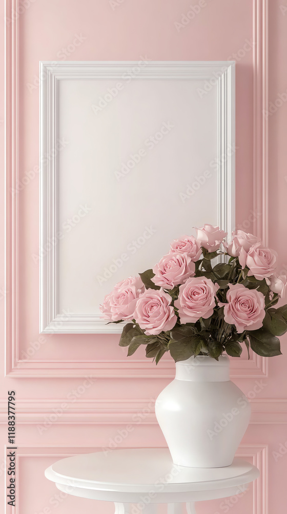 Fototapeta premium Blank White Frame on Pastel Pink Wall with Roses in White Vase