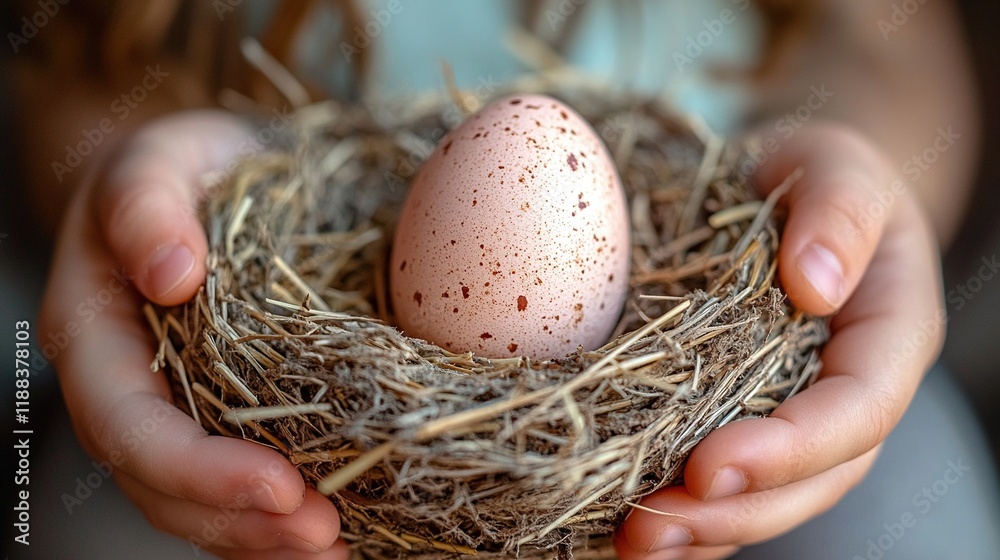 Obraz premium A child holds a nest containing a speckled egg, symbolizing nature and new beginnings.