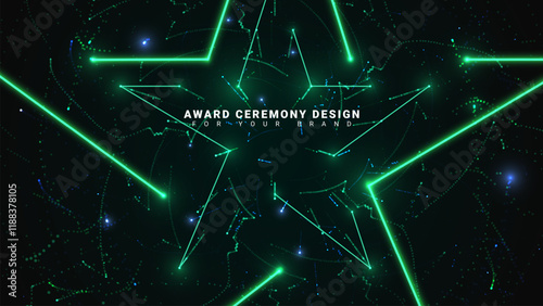 Award ceremony background design in futuristic technology concept with glowing blue and green stars in dark galaxy.
