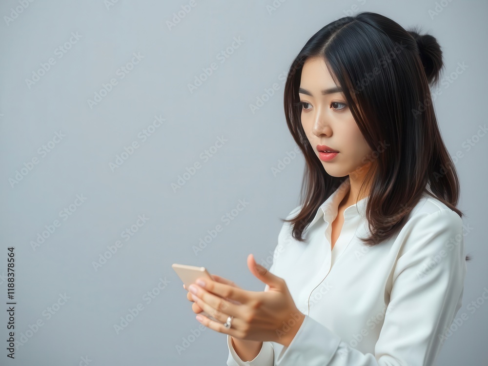 Young woman looking at phone with surprised expression. Young woman looking at phone with surprised expression.