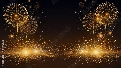 Firework border background, gold fireworks frame with stars and sparkles, firework banner