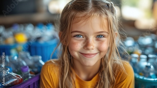 Wallpaper Mural A smiling girl in front of colorful containers filled with plastic bottles, promoting recycling and environmental awareness. Torontodigital.ca