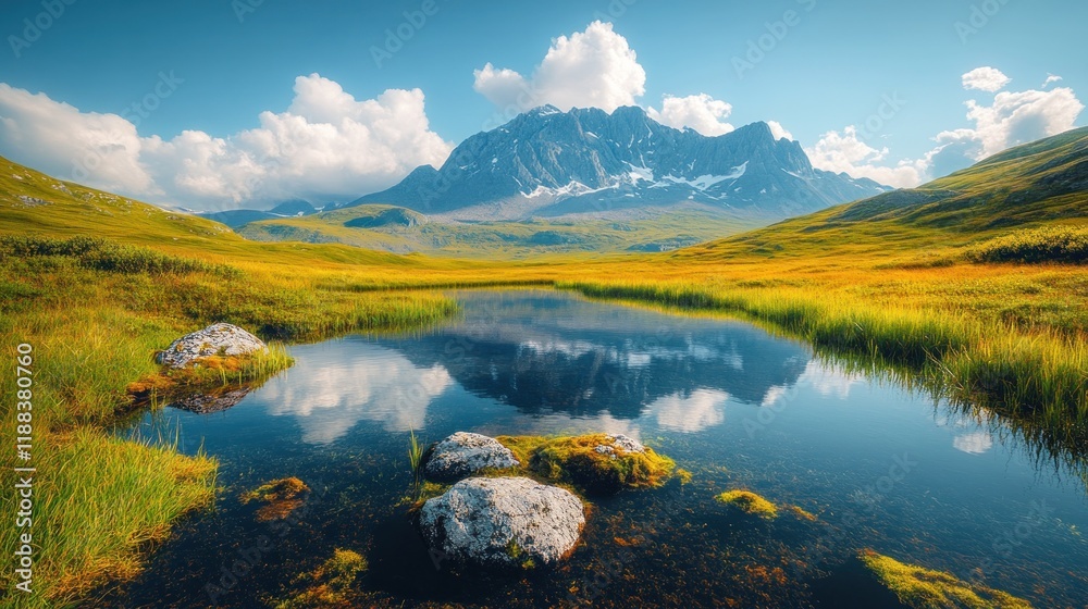 Fototapeta premium Mountain reflecting in alpine lake with grassy meadow.