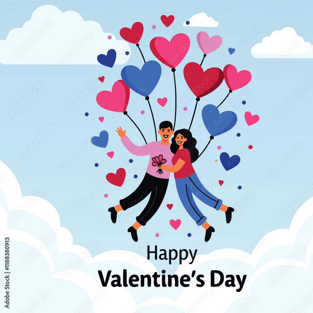 Fototapeta premium lustration of a couple embracing in the clouds, surrounded by heart-shaped balloons and symbols of love, celebrating Valentine's Day in a romantic and whimsical setting.