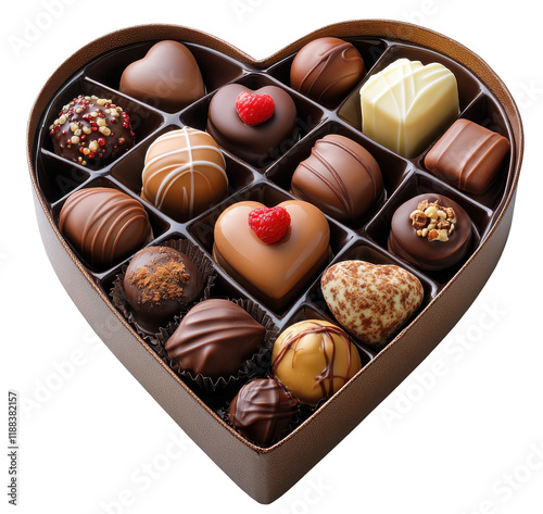 Heart-shaped box filled with an assortment of gourmet chocolates, Valentine's Day gift, PNG image with transparent background