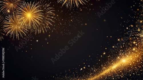 Firework border background, gold fireworks frame with stars and sparkles, firework banner