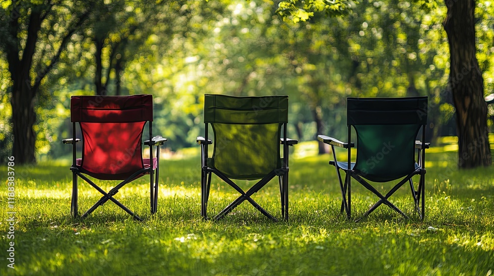 Three Folding Chairs in a Sunny Park Three Folding Chairs in a Sunny Park
