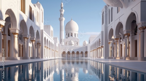 A stunning view of a grand mosque with elegant architecture, reflecting in serene water under a clear blue sky.