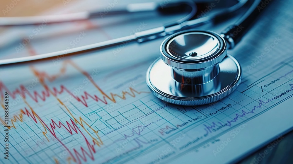 Stethoscope on medical equipment with close-up of chart paper and data curves, symbolizing healthcare or patient care Stethoscope on medical equipment with close-up of chart paper and data curves, symbolizing healthcare or patient care