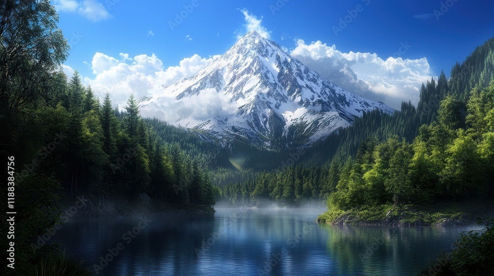 Scenic View of Towering Mountain Surrounded by Lush Green Forest Scenic View of Towering Mountain Surrounded by Lush Green Forest