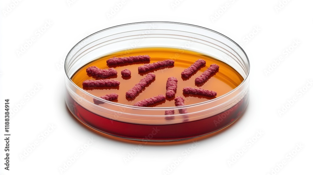 Close-Up View of Bacteria Cultured in a Petri Dish with Agar Medium, Showing Rod-Shaped Colonies in Vibrant Amber Color Close-Up View of Bacteria Cultured in a Petri Dish with Agar Medium, Showing Rod-Shaped Colonies in Vibrant Amber Color