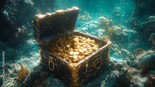 Open treasure chest at the bottom of the ocean