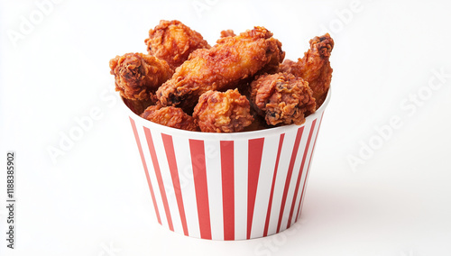 A bucket of fried chicken, a striped red and white cup isolated on a clear, transparent background, against a white background, in a high-resolution photo shoot