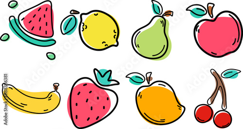 Colorful icons set of fruits and vegetables. Fruit collection in flat hand drawn style, illustrations set. Tropical fruit and graphic design elements. Ingredients color cliparts.
