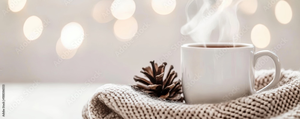 A cozy white mug of steaming coffee rests on a soft knitted blanket, accompanied by a pinecone, with a warm, blurred background. A cozy white mug of steaming coffee rests on a soft knitted blanket, accompanied by a pinecone, with a warm, blurred background.
