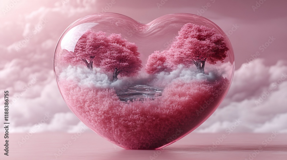 Fototapeta premium Pink heart-shaped glass globe containing miniature pink trees, clouds, and a small bridge, sitting on a pink cloudy surface.