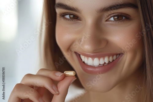 A smiling woman holding a natural-looking brown beige supplement capsule 