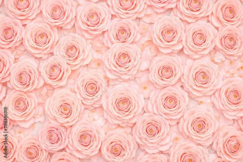 Dense pastel pink roses with soft texture and golden undertones photo