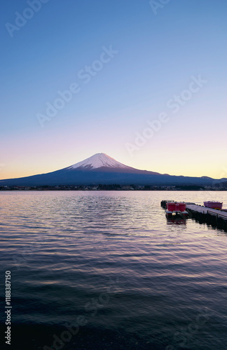 Mt.Fuji in the evening with beautiful and clear sky and water : View from Kawakuchiko Lake photo