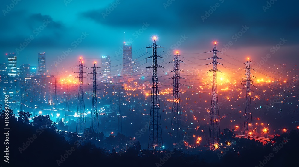 Obraz premium Urban firestorm cityscape night lights skyline industrial environment