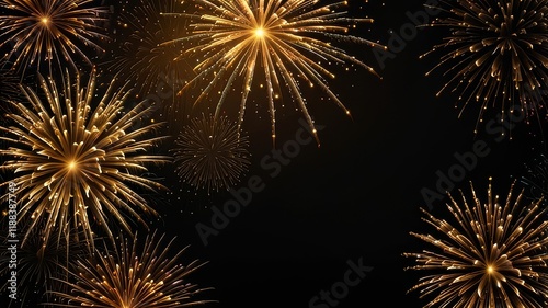 Firework border background, gold fireworks frame with stars and sparkles, firework banner