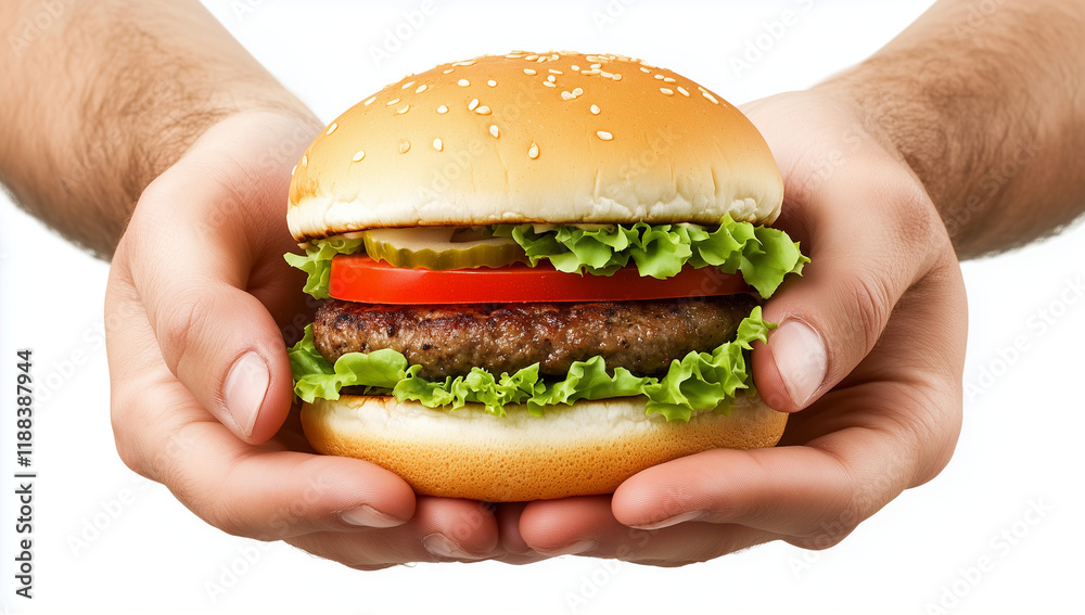 Close-up of hands holding a burger, isolated on a white background. Detailed illustration, high-resolution photography Close-up of hands holding a burger, isolated on a white background. Detailed illustration, high-resolution photography