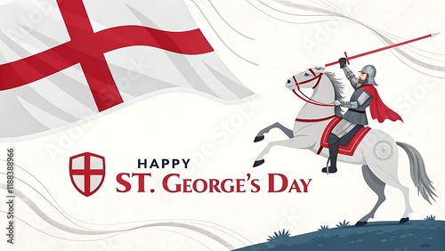 Happy St. George's Day design showcasing a heroic knight in shining armor riding a horse, framed by the red and white cross of England's flag, celebrating history, patriotism, and English culture