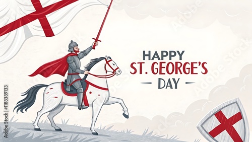 Happy St. George's Day graphic illustration of a bold knight on a majestic white horse with the red cross flag of England, representing the patron saint, national pride, and the timeless traditions