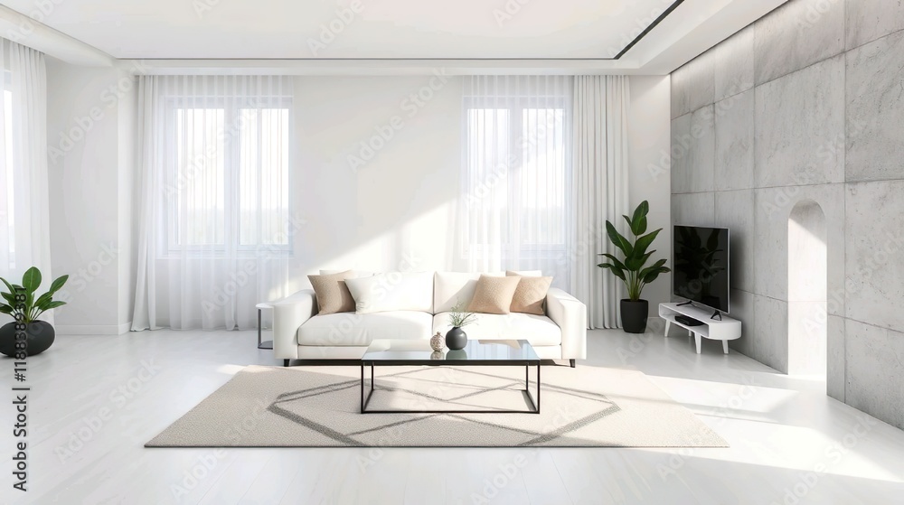 Fototapeta premium A sleek and modern interior design of a minimalist living room, featuring a neutral color palette of white, gray, and beige with black accents.