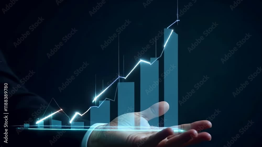 Glowing blue holographic chart rising above man's hand. Business growth visualization. Digital financial graph showing upward trend. Technology-driven progress concept