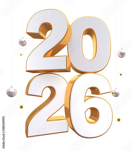 3D vector numbers 2026 in a gold color. Design object for New Year greeting cards, advertising banners. Metal numbers are bold and sleek, and with sharp edges. 3D element isolated on white