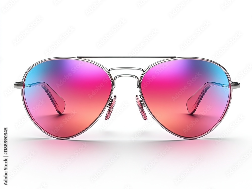 A pair of stylish aviator sunglasses with a gradient pink and blue lens, designed for fashion and sun protection. A pair of stylish aviator sunglasses with a gradient pink and blue lens, designed for fashion and sun protection.