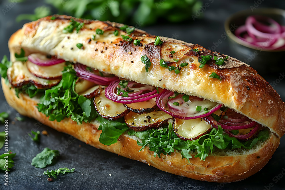 Grilled Potato and Red Onion Sandwich on Crusty Bread with Leafy Greens Grilled Potato and Red Onion Sandwich on Crusty Bread with Leafy Greens