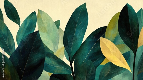 Lush green and yellow tropical leaves against beige background