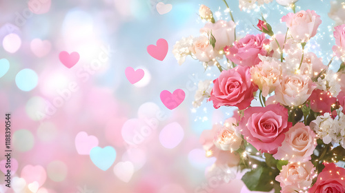 beautiful bouquet of pink and white roses with sparkling hearts in background creates romantic atmosphere