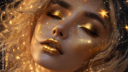 The image captures the illusion of a night sky mirroring human beauty. Golden eyes and lips radiate warmth against a velvet-black backdrop, while the hair, composed of stars in varying sizes and inten photo