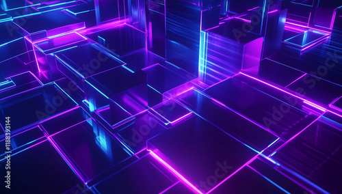 Abstract purple background with digital connections and geometric lines, dark blue gradient background for a technology or data concept.