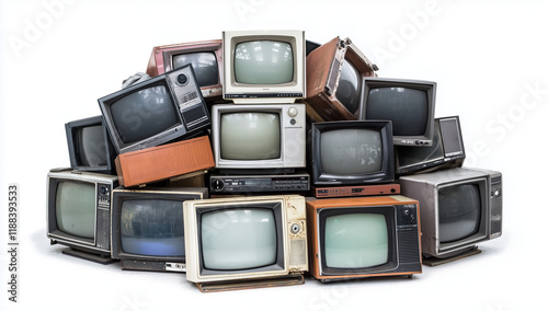 Pile of old retro TVs isolated on a white background, vintage television sets, stack of TVs, isolated televisions. photo