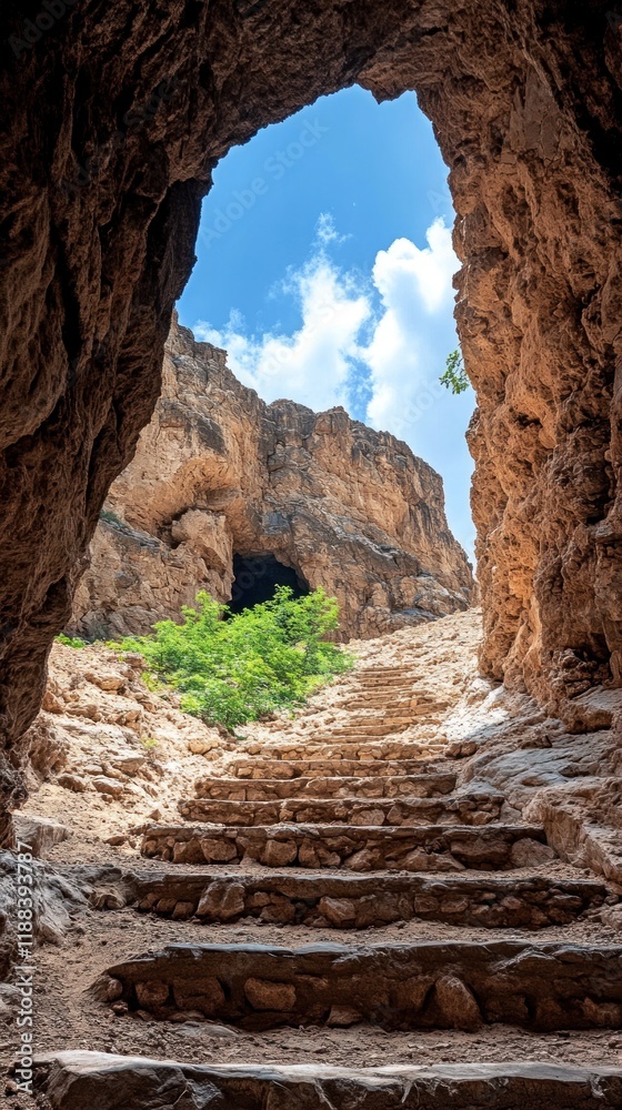 Fototapeta premium Rock cave entrance with steps, desert canyon view, blue sky.