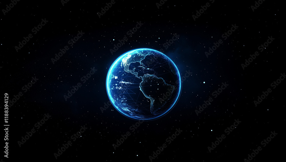 Fototapeta premium Abstract blue planet Earth with glowing dots, global network and connectivity concept, data transfer or information exchange on the internet in a futuristic technology background.