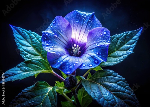 Night-blooming Shoo-Fly Plant (Nicandra Physalodes) unveils its celestial blue, a dark flower's beauty captured in low light. photo