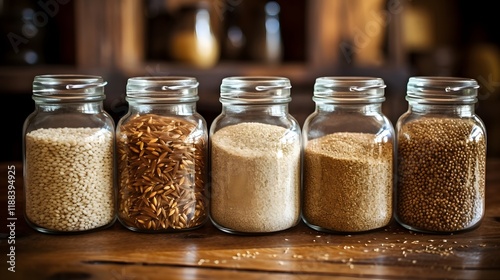 Artful display of various wholesome grains like brown rice quinoa and millet stored in rustic glass jars showcasing the natural goodness and diversity of these nutritious staple ingredients photo