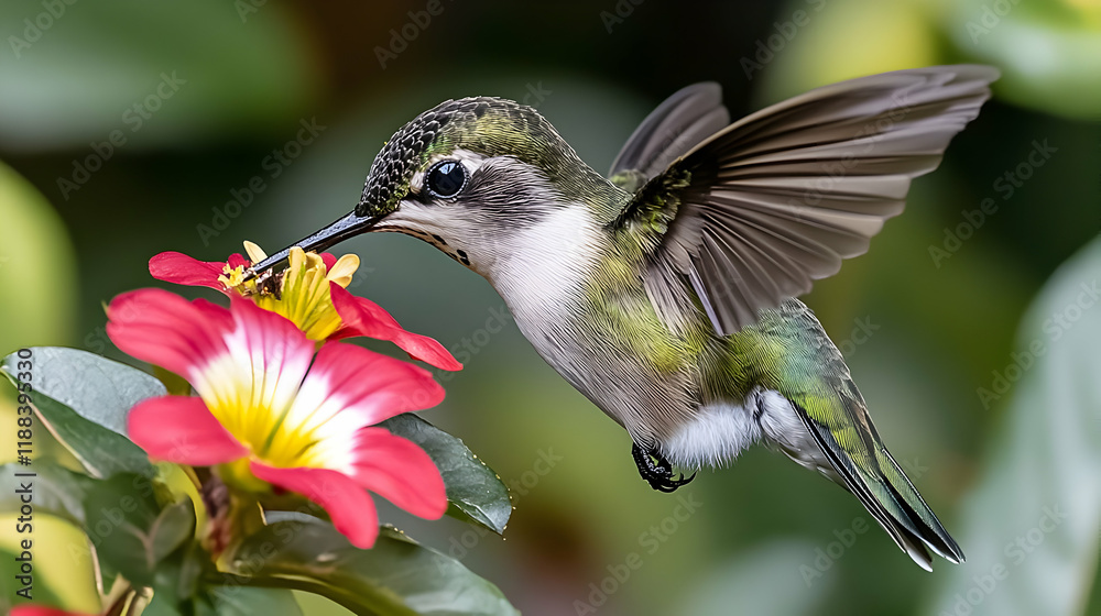 Fototapeta premium Green Hummingbird feeding on a vibrant red flower in a lush garden setting