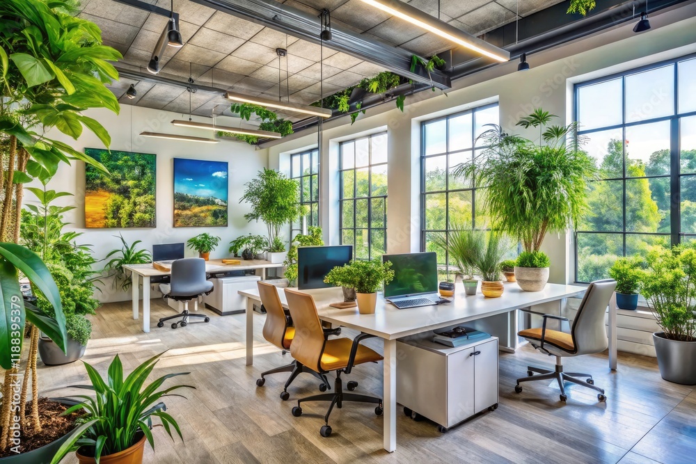 Fototapeta premium Open-plan green office featuring natural light, vibrant poster art, abundant plants, and sustainable materials.